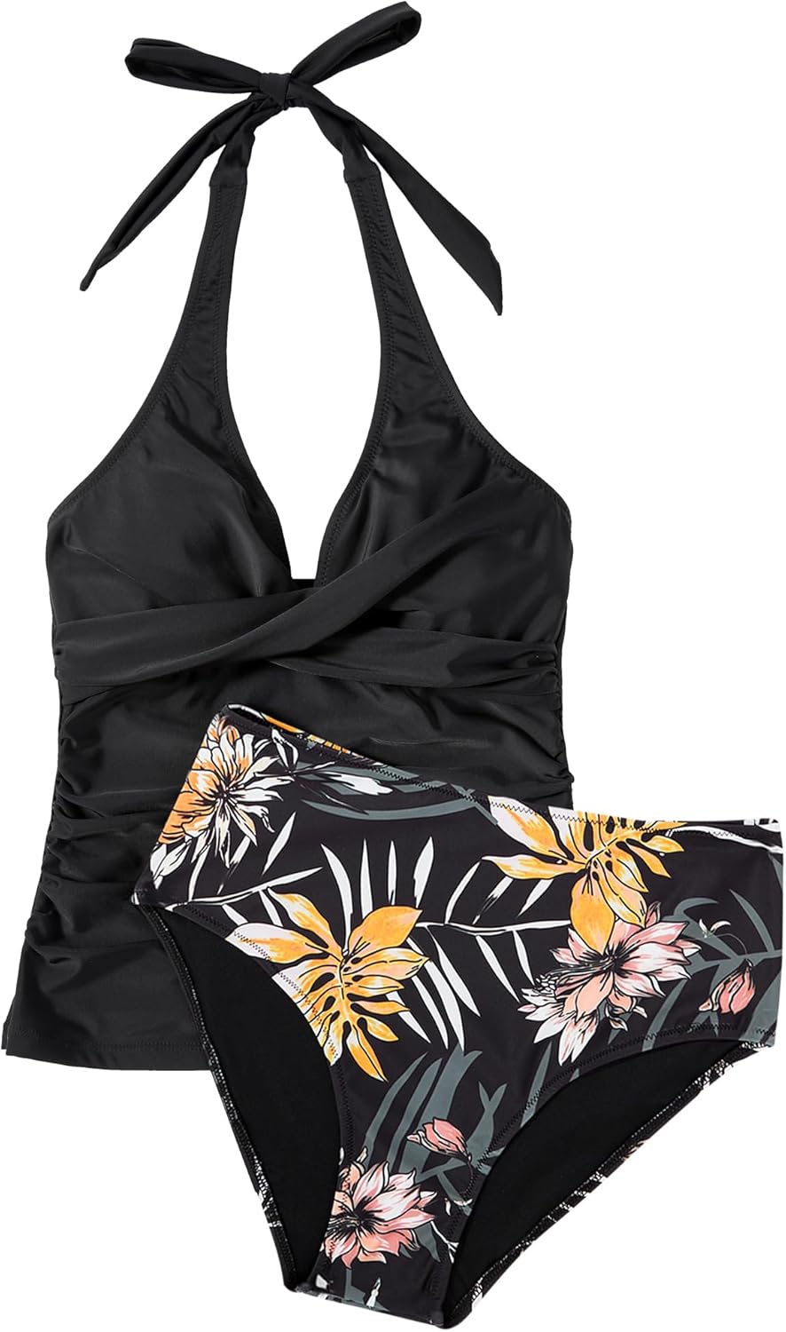 Women Sexy Halter Tankini Bathing Suit Slimming Tummy Control Swimsuit (L)